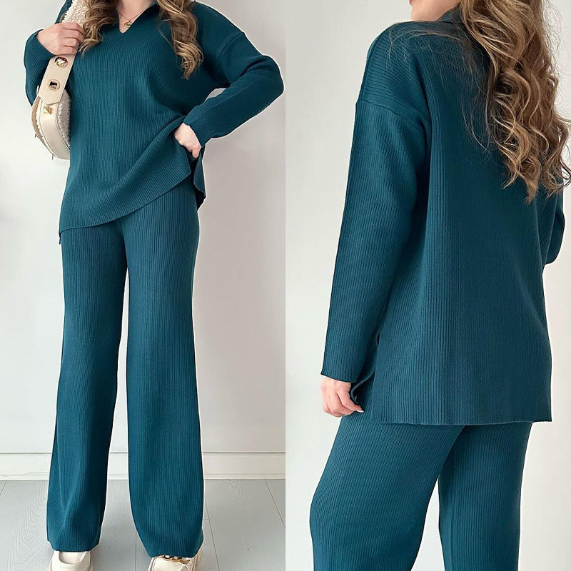 🎁🧥Tvådelat stickat set med V-ringning och slits
