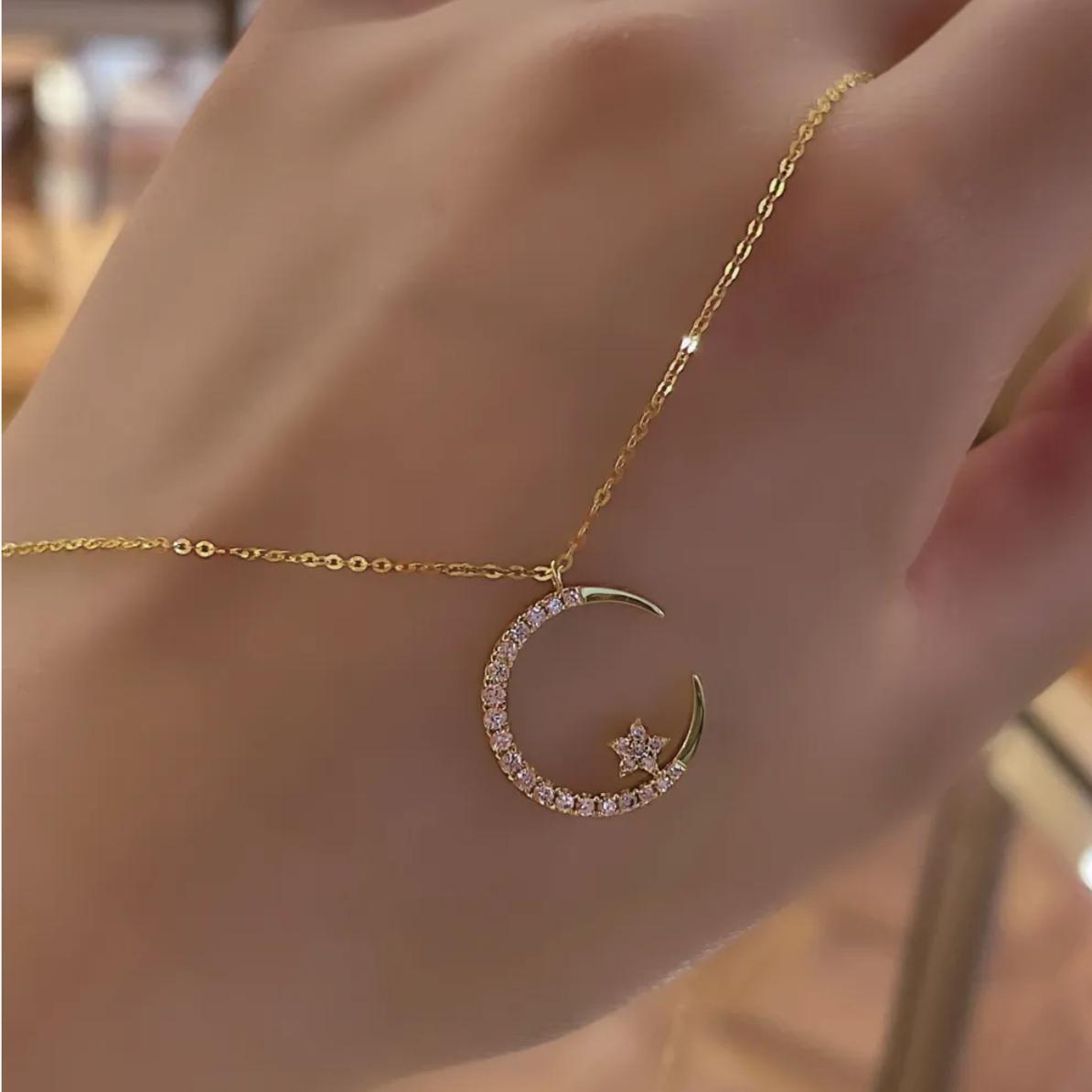 Superglänsande utsökt zirkonstjärna-mån-halsband