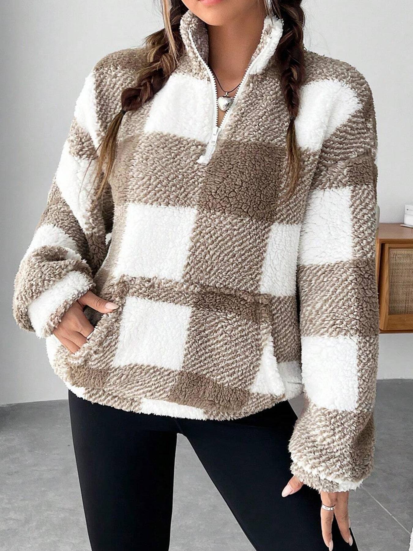 🍂Höstrutig pullover med halv dragkedja - Damtröja med sänkta axelband för lager-på-lager-looker