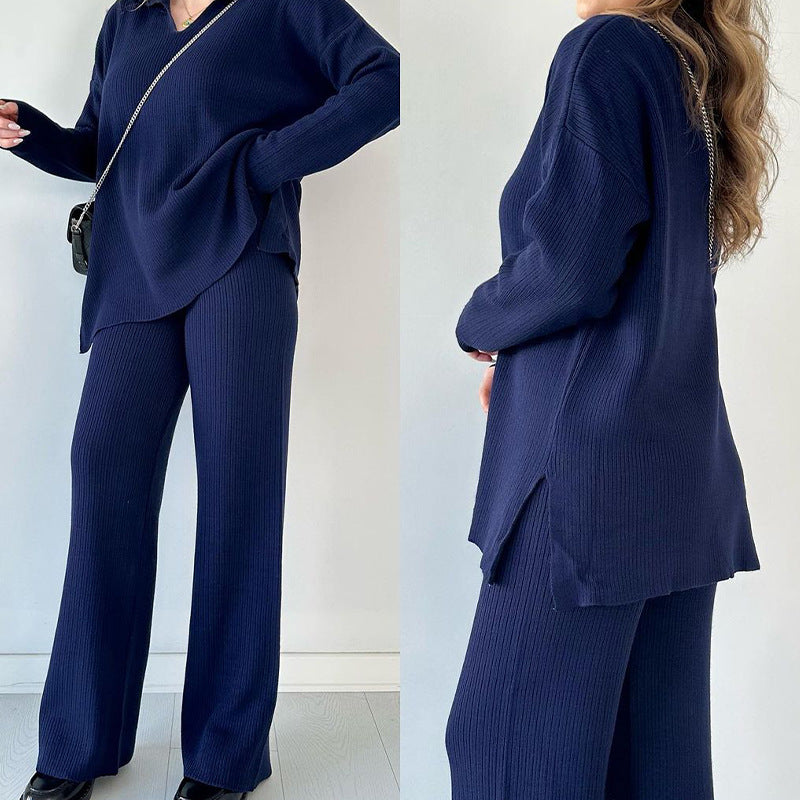 🎁🧥Tvådelat stickat set med V-ringning och slits