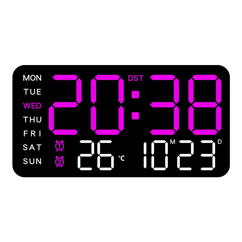 Stor digital väggklocka med LED-display, datum och termometer