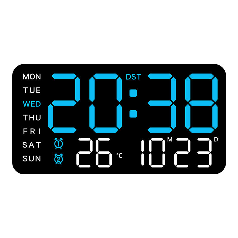 Stor digital väggklocka med LED-display, datum och termometer