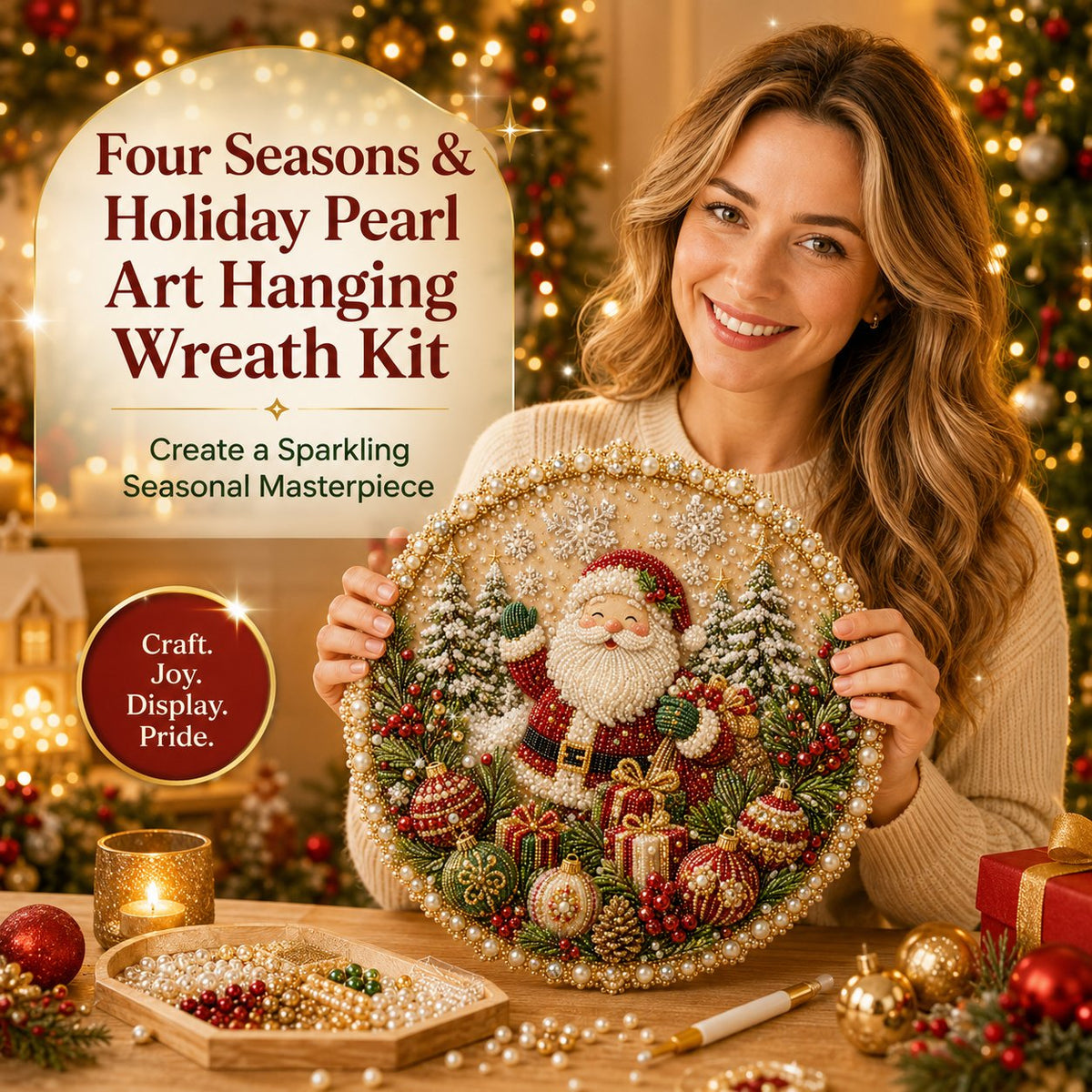 🌸🌻🍂🎄 Four Seasons & Holiday Pearl Art Hanging Wreath Kit | Luxury Flocked Canvas with Scratch-Resistant Non-Fading Pearl Beads DIY Handmade Seasonal Decor 💎