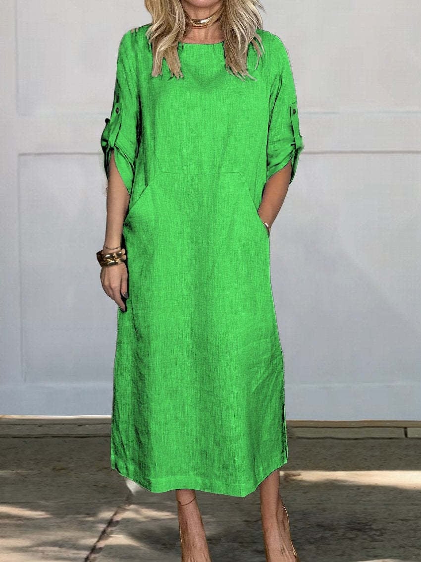 👗Linne bomull casual klänning med dubbelsidig ficka🌿