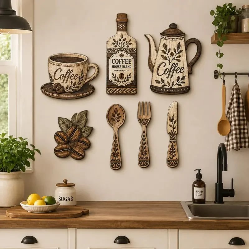 ☕7-Piece Wooden Coffee Kitchen Wall Decor Set – Vintage Farmhouse Coffee-Themed Wall Art