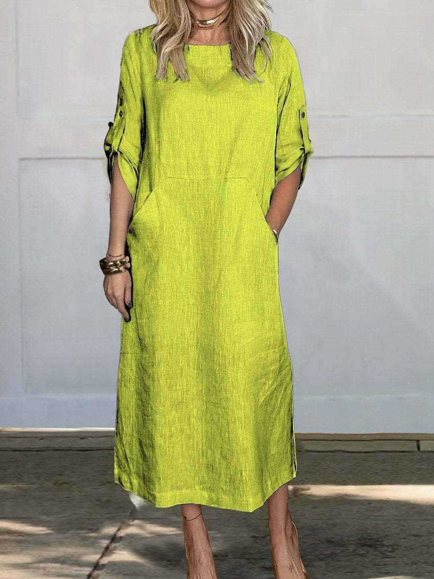 👗Linne bomull casual klänning med dubbelsidig ficka🌿