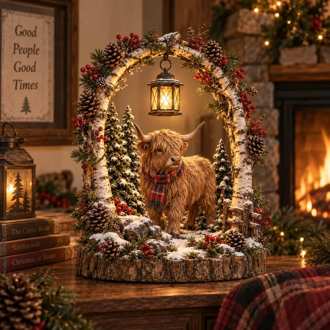 Christmas Lantern with Scottish Highland Cow Design 🎄 – Rustic, Farmhouse-Style Illuminated Table Decoration for Winter 🎁