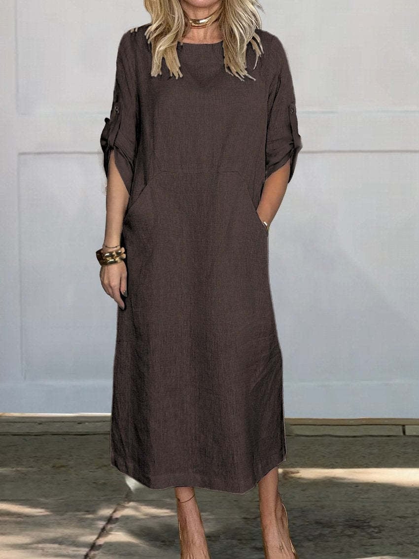 👗Linne bomull casual klänning med dubbelsidig ficka🌿
