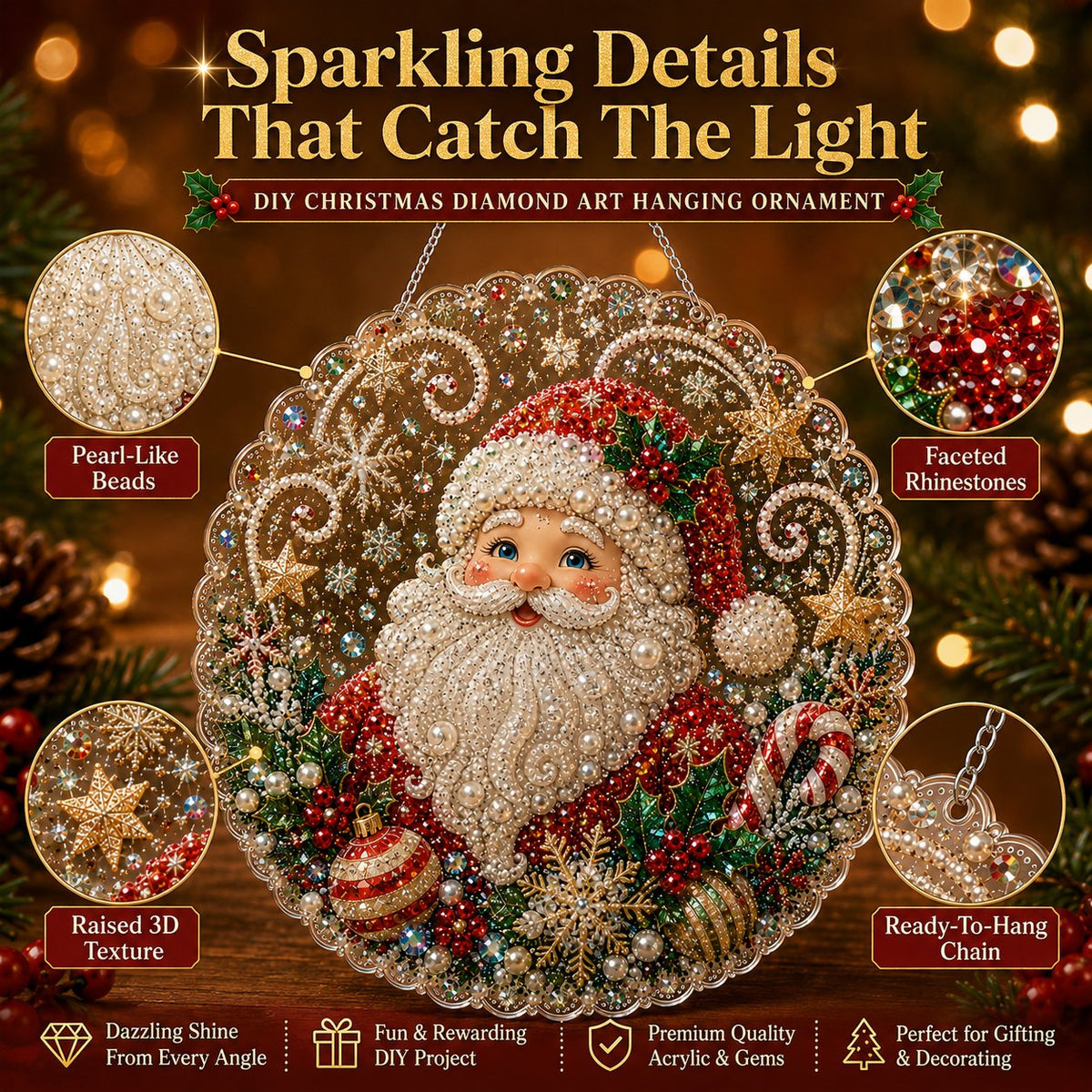 🎄Christmas Pearl Diamond Art Hanging Ornament Kit | Luxury Flocked Canvas with Scratch-Resistant Non-Fading Pearl Beads DIY Handmade Holiday Hanging Decor 🎅💎