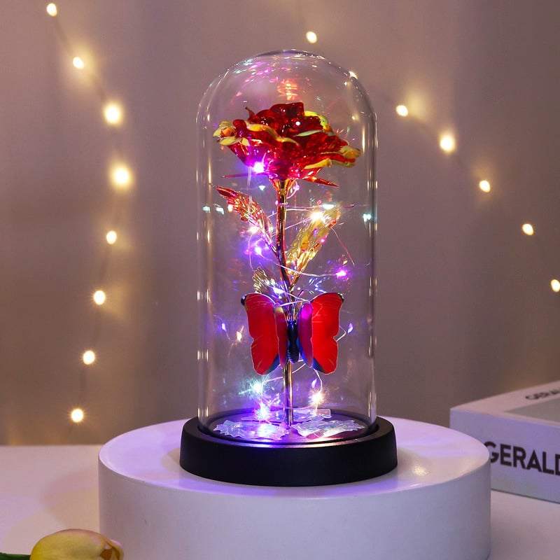 🔥Sista dagen 49 % rabatt – 🌹Evig fjärilsros i glasklocka med LED-belysning✨