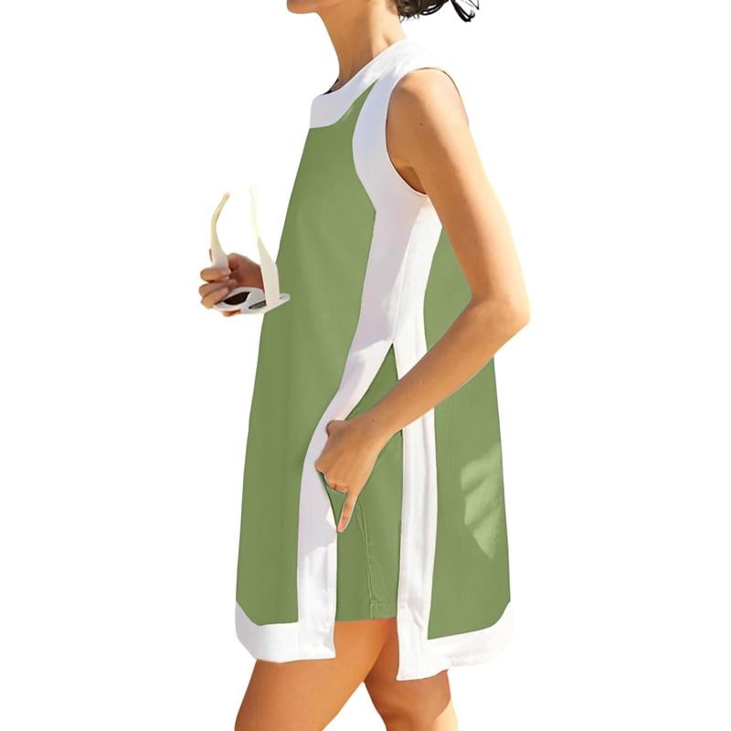 ⏰🔥Lady casual tvådelat set med färgblock, rund halsringning, ärmlös pullover, toppar, matchande shorts med fickor