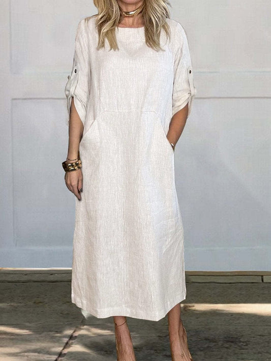 👗Linne bomull casual klänning med dubbelsidig ficka🌿