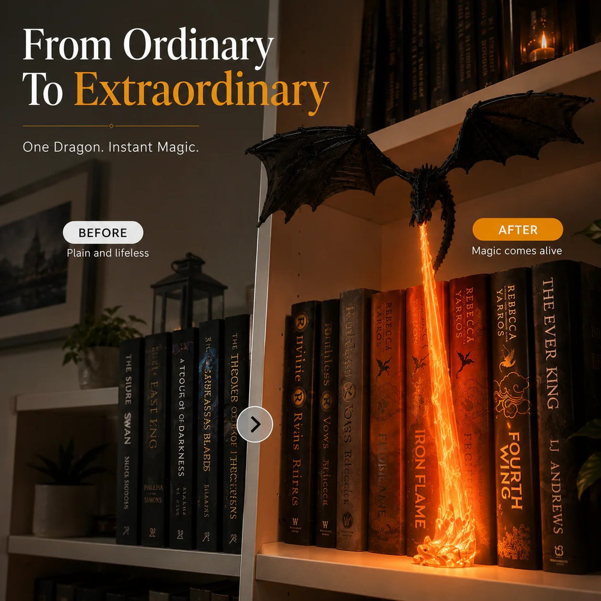🐉 Fire-breathing dragon bookshelf decoration lamp + LED flame lighting set