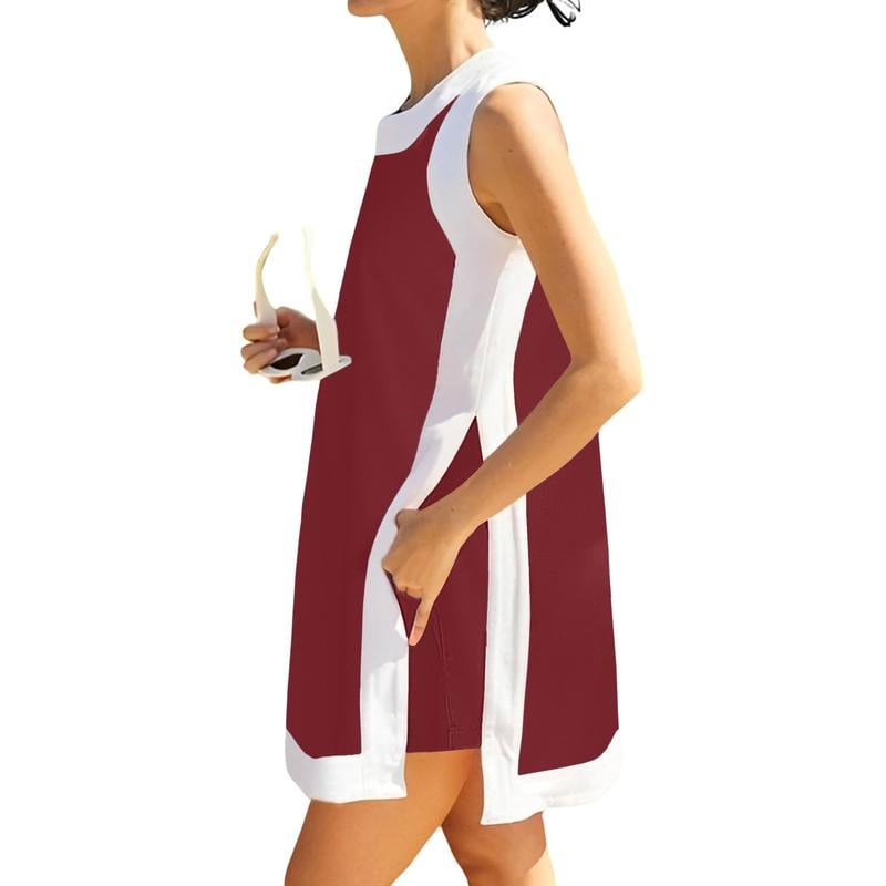 ⏰🔥Lady casual tvådelat set med färgblock, rund halsringning, ärmlös pullover, toppar, matchande shorts med fickor