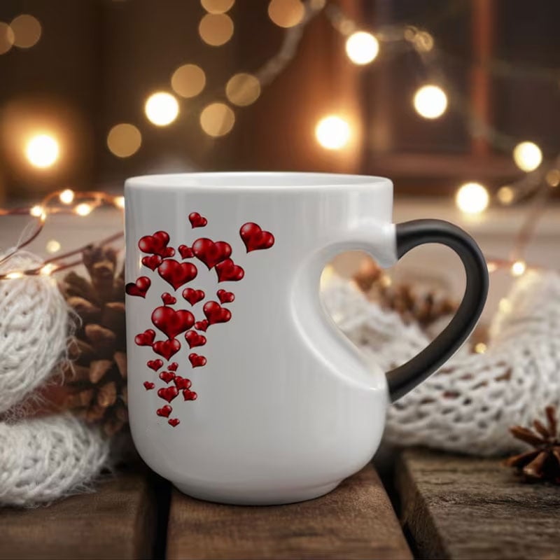 ⏳Begränsad tid 50 % rabatt⏰Keramikmugg med färgskiftande hjärtformigt handtag till alla hjärtans dag💖☕