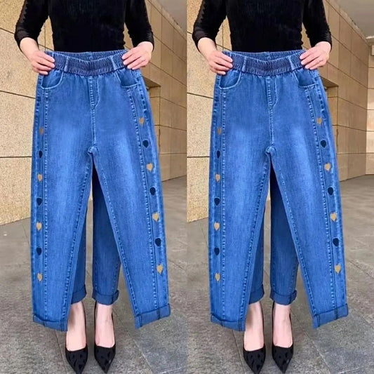 Damjeans Med Hög Stretch Och Hjärtbroderi