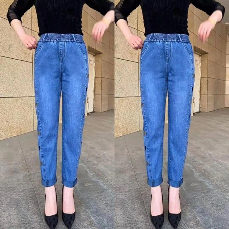 Damjeans Med Hög Stretch Och Hjärtbroderi