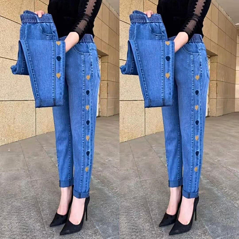 Damjeans Med Hög Stretch Och Hjärtbroderi