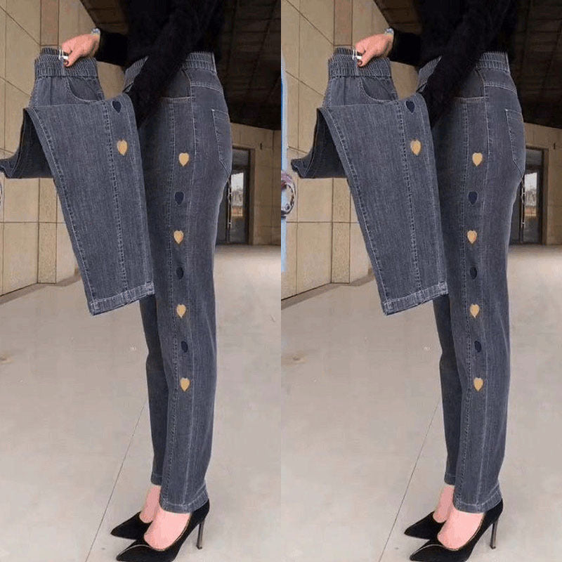 Damjeans Med Hög Stretch Och Hjärtbroderi