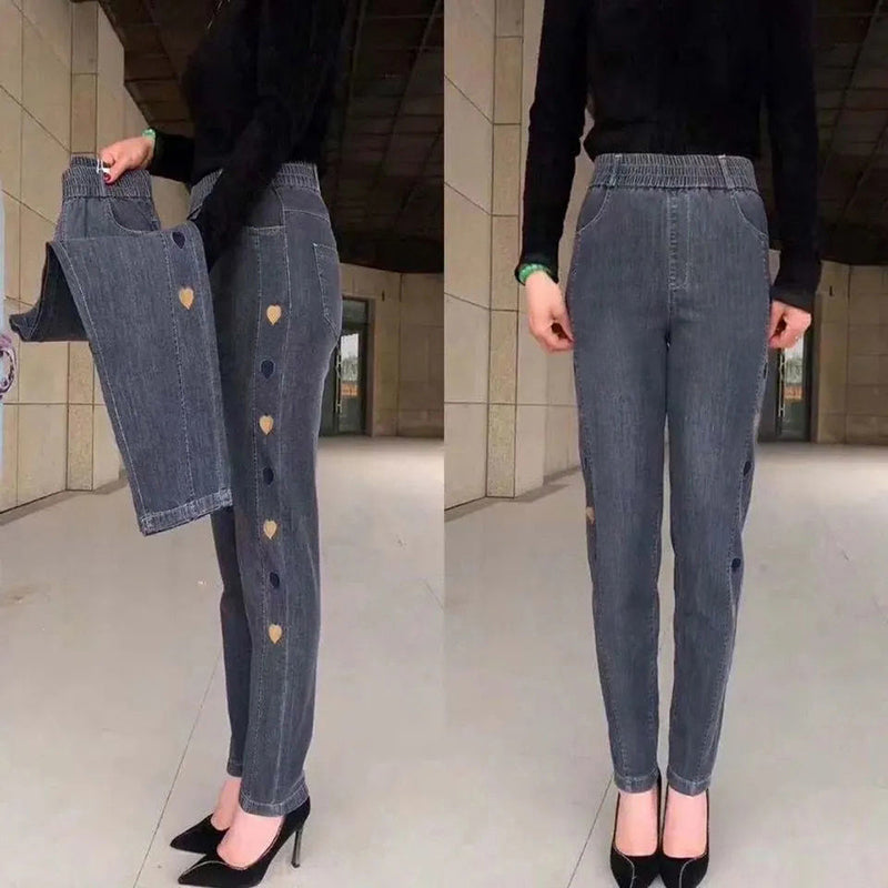 Damjeans Med Hög Stretch Och Hjärtbroderi