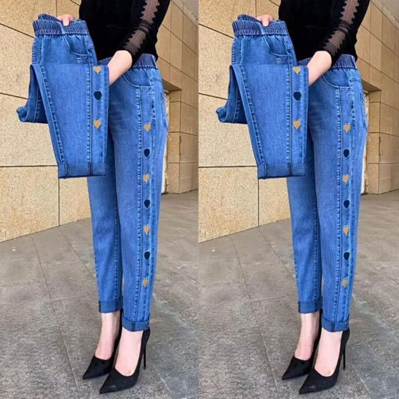 Damjeans Med Hög Stretch Och Hjärtbroderi