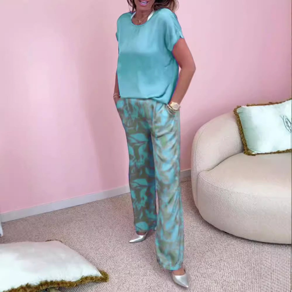 Rund hals med korta ärmar, tryckta, korta ärmar, långa byxor, tvådelad kostym