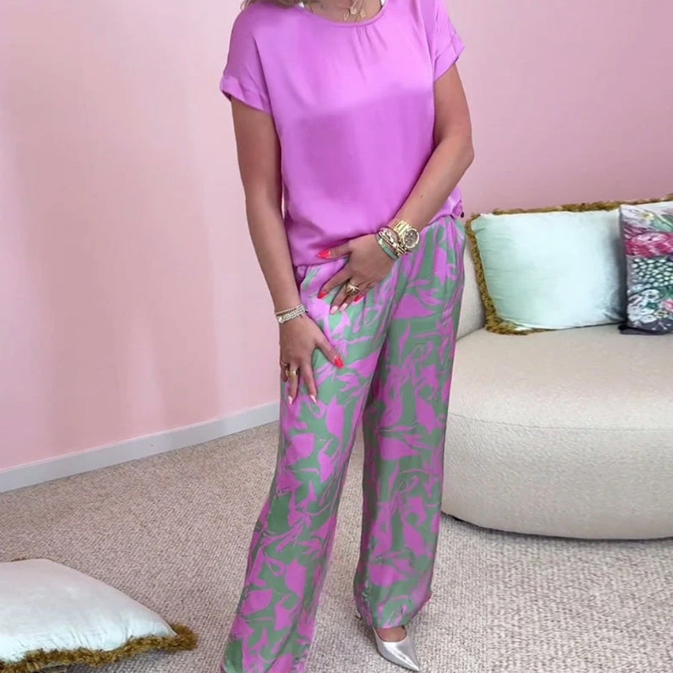 Rund hals med korta ärmar, tryckta, korta ärmar, långa byxor, tvådelad kostym