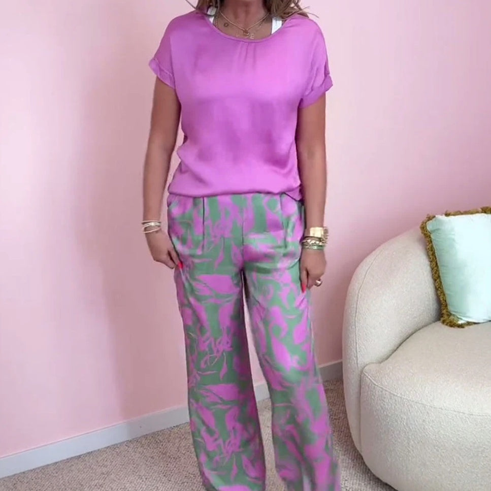 Rund hals med korta ärmar, tryckta, korta ärmar, långa byxor, tvådelad kostym