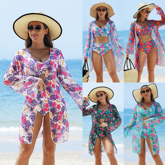 Moderiktigt 3-delat bikini-baddräktsset för kvinnor med flerfärgade tryck/Fashionable multi-coloured printed 3-piece bikini swimsuit set for women