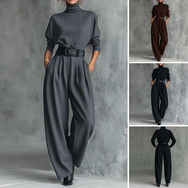 ⏳Tidsbegränsat erbjudande⏰Elegant damset bestående av en turtleneck-tröja och högmidjade byxor (bälte ingår)👚👖