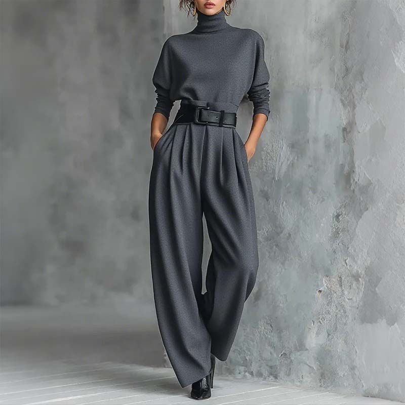 ⏳Tidsbegränsat erbjudande⏰Elegant damset bestående av en turtleneck-tröja och högmidjade byxor (bälte ingår)👚👖