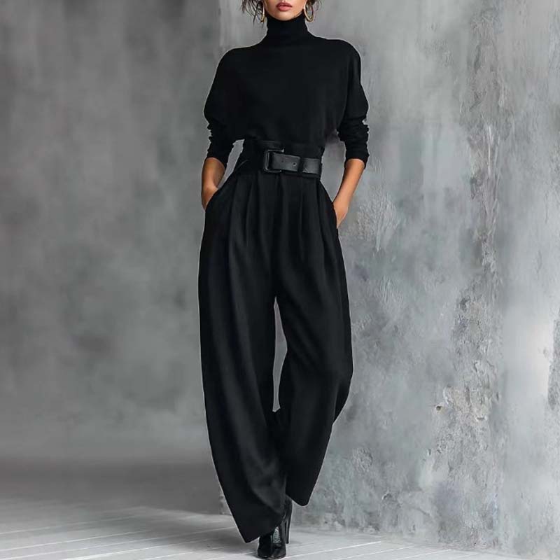 ⏳Tidsbegränsat erbjudande⏰Elegant damset bestående av en turtleneck-tröja och högmidjade byxor (bälte ingår)👚👖