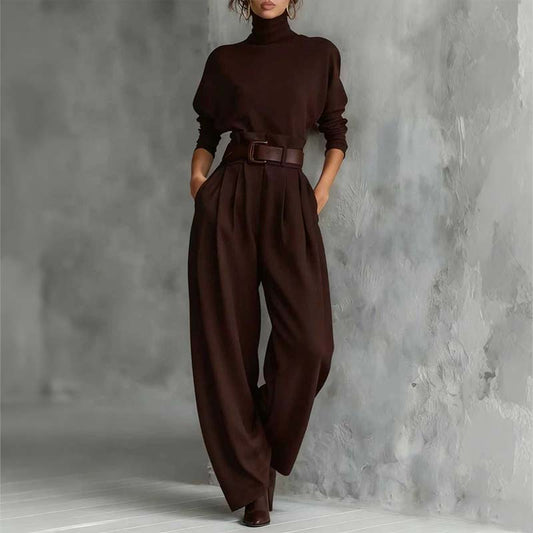 ⏳Tidsbegränsat erbjudande⏰Elegant damset bestående av en turtleneck-tröja och högmidjade byxor (bälte ingår)👚👖