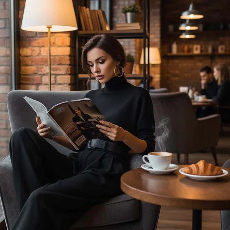 ⏳Tidsbegränsat erbjudande⏰Elegant damset bestående av en turtleneck-tröja och högmidjade byxor (bälte ingår)👚👖