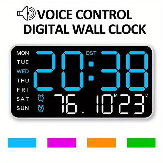 Stor digital väggklocka med LED-display, datum och termometer