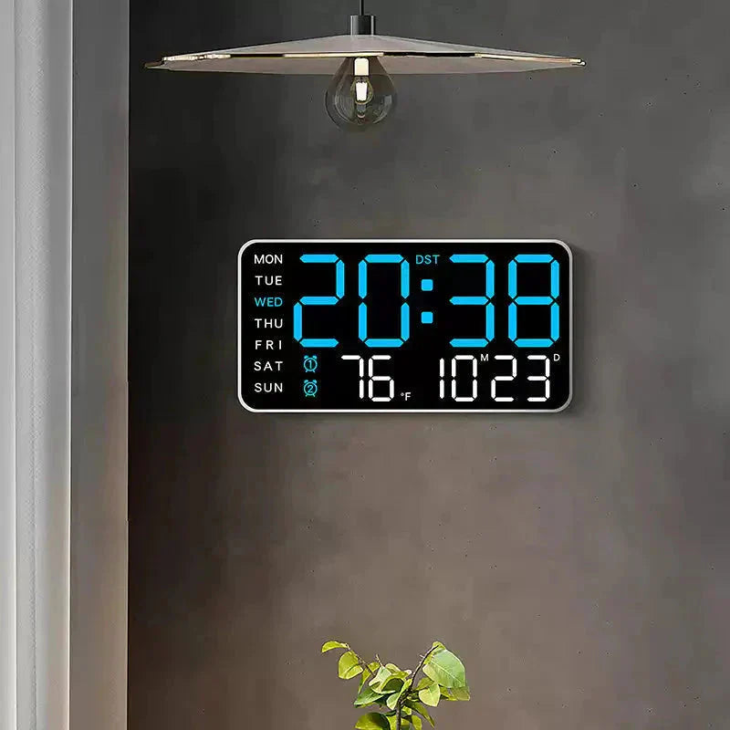 Stor digital väggklocka med LED-display, datum och termometer