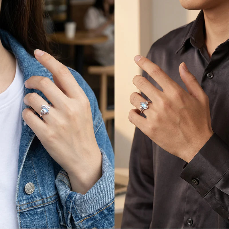 💍Geometrisk oval månstenring med zirkonia-detaljer – mystisk, glittrande och tidlöst elegant!