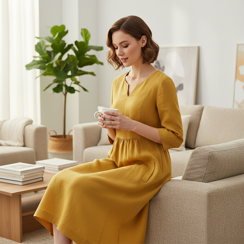 Casual klänning med V-ringning i bomull och linne – 3/4-ärmar, med dragkedja i sidan 👗