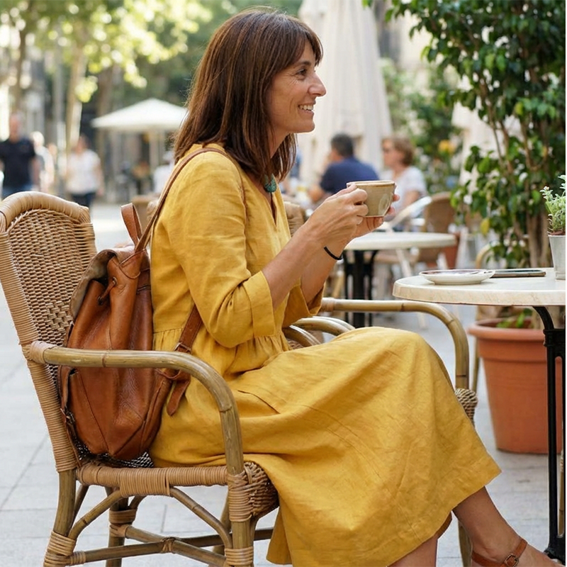 Casual klänning med V-ringning i bomull och linne – 3/4-ärmar, med dragkedja i sidan 👗