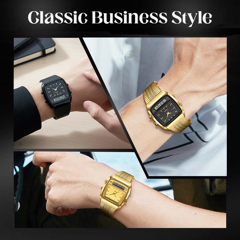 ⌚ 50 % RABATT UNDER BEGRÄNSAD TID! 💥 Multifunktionsklocka i retrostil med fyrkantig urtavla – dubbel display, zinklegering, rostfritt stål ✨