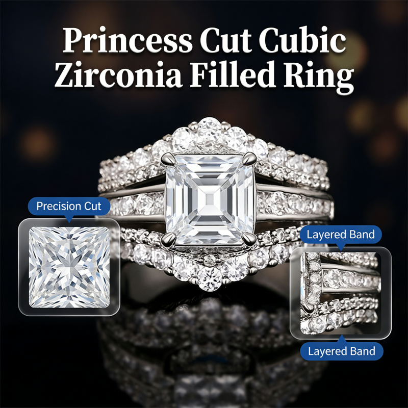 💍 50 % RABATT UNDER BEGRÄNSAD TID! 💥 Damring med cubic zirconia i prinsesslipning – pavéinfattning, flerskiktat band, glittrande ✨