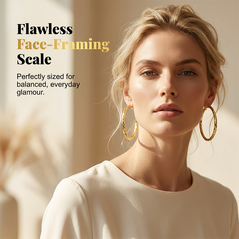 💫 50 % RABATT UNDER BEGRÄNSAD TID! 💥 Minimalistiska, strukturerade hoop-örhängen för dam – diamantslipade, med snäpplås, ger en vacker glans i vardagen ✨