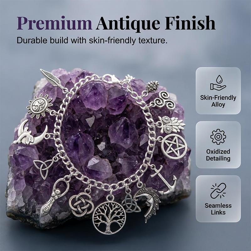 📿 50 % RABATT UNDER BEGRÄNSAD TID! ✨ Vintage-armband med hedniska amuletter – andliga symboler, antikt silver, bohemisk stil 🌙