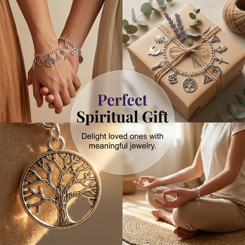 📿 50 % RABATT UNDER BEGRÄNSAD TID! ✨ Vintage-armband med hedniska amuletter – andliga symboler, antikt silver, bohemisk stil 🌙