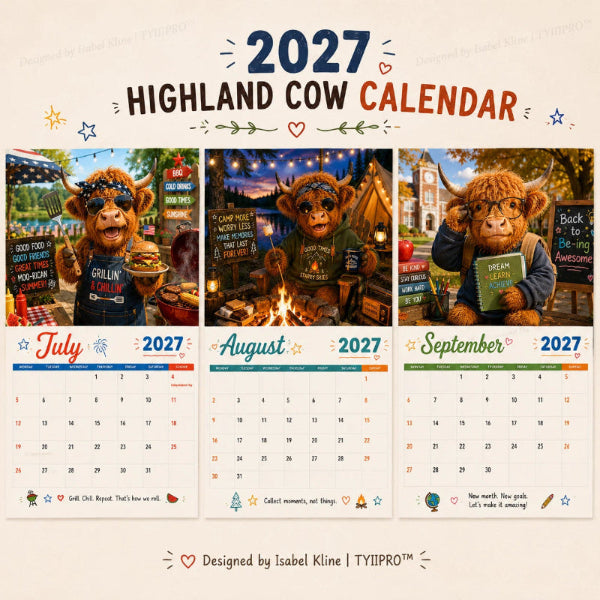 2027 Highlandko Väggkalender – Rolig A4 Kalender för Hemmet | Designad av Isabel Kline