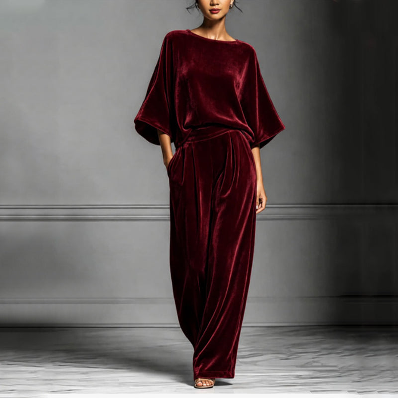 Women's velvet half-sleeve top and wide-leg pants set