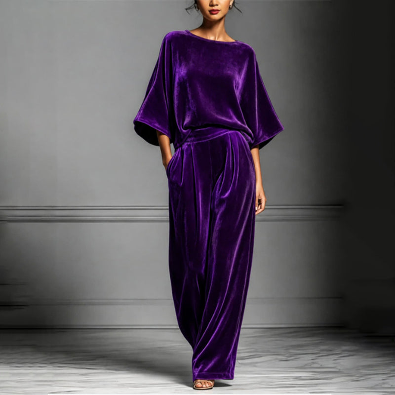 Women's velvet half-sleeve top and wide-leg pants set