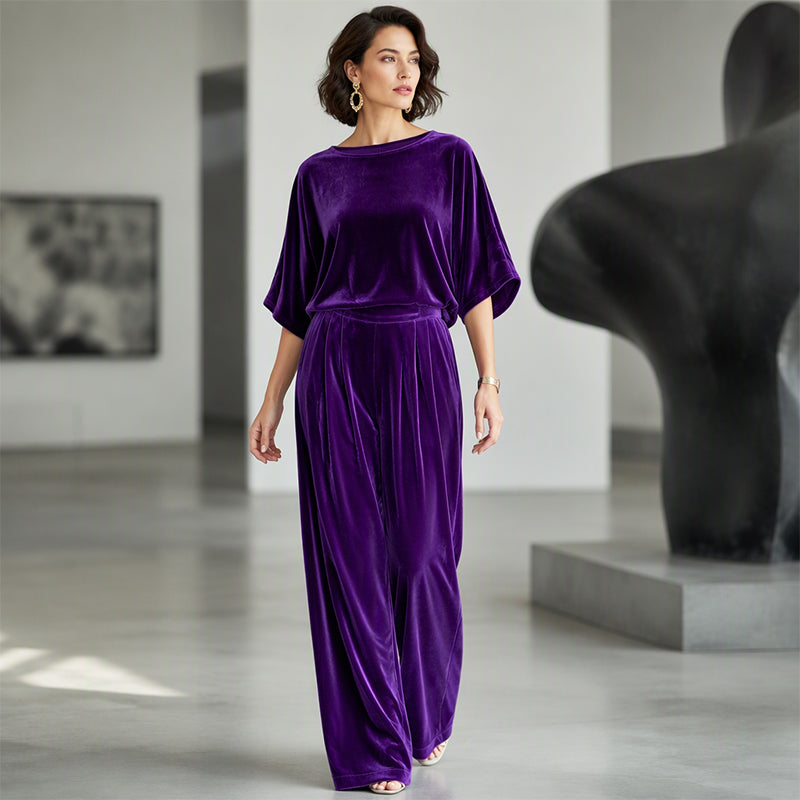 Women's velvet half-sleeve top and wide-leg pants set