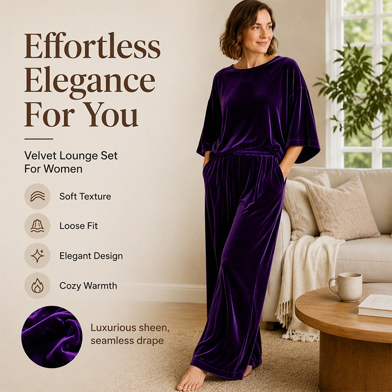 Women's velvet half-sleeve top and wide-leg pants set