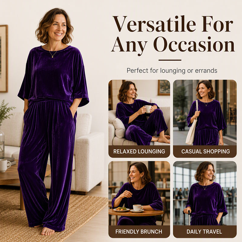 Women's velvet half-sleeve top and wide-leg pants set